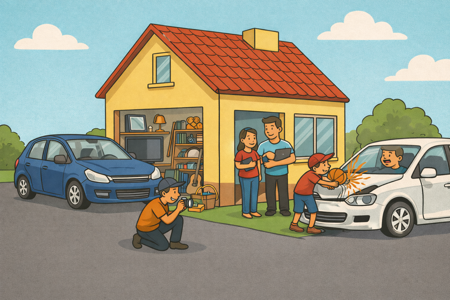 Gezin met huis en auto's - illustratie van particuliere verzekeringen