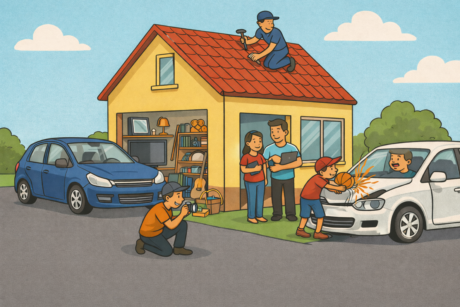 Illustratie van gezin met huis en auto's plus zzp'er op het dak